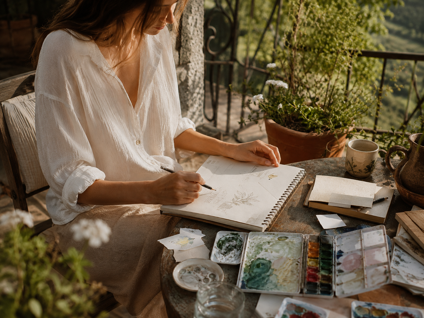 Mujer pintando tranquilamente en un jardín en verano