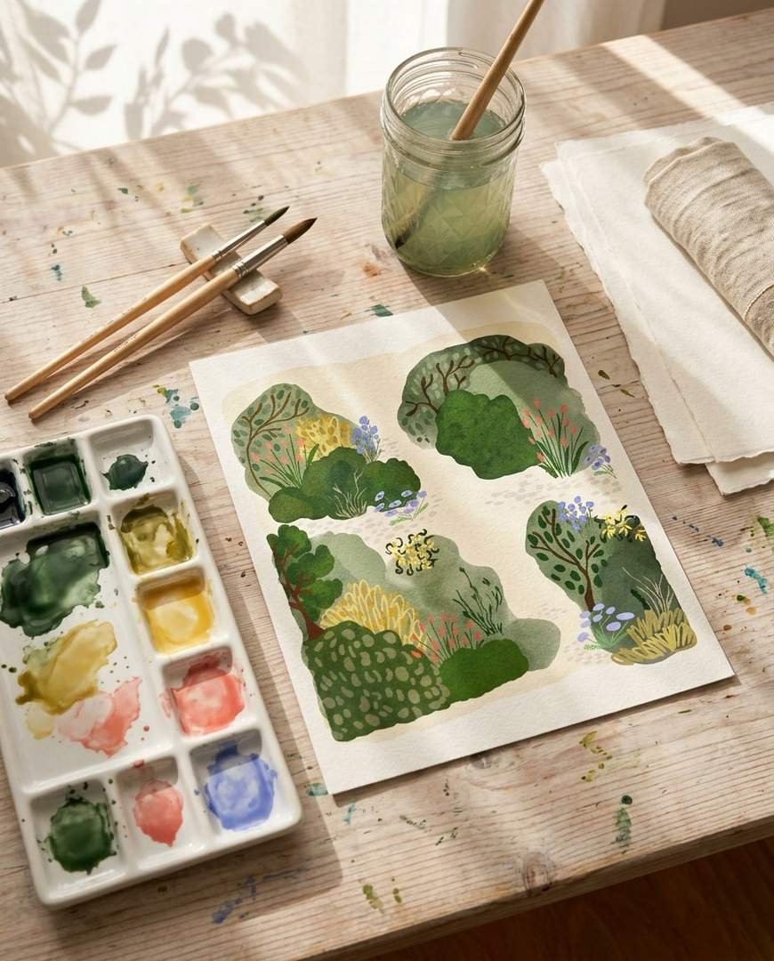 acuarela con formas orgánicas en tonos verdes junto a una paleta, pinceles y un vaso de agua
